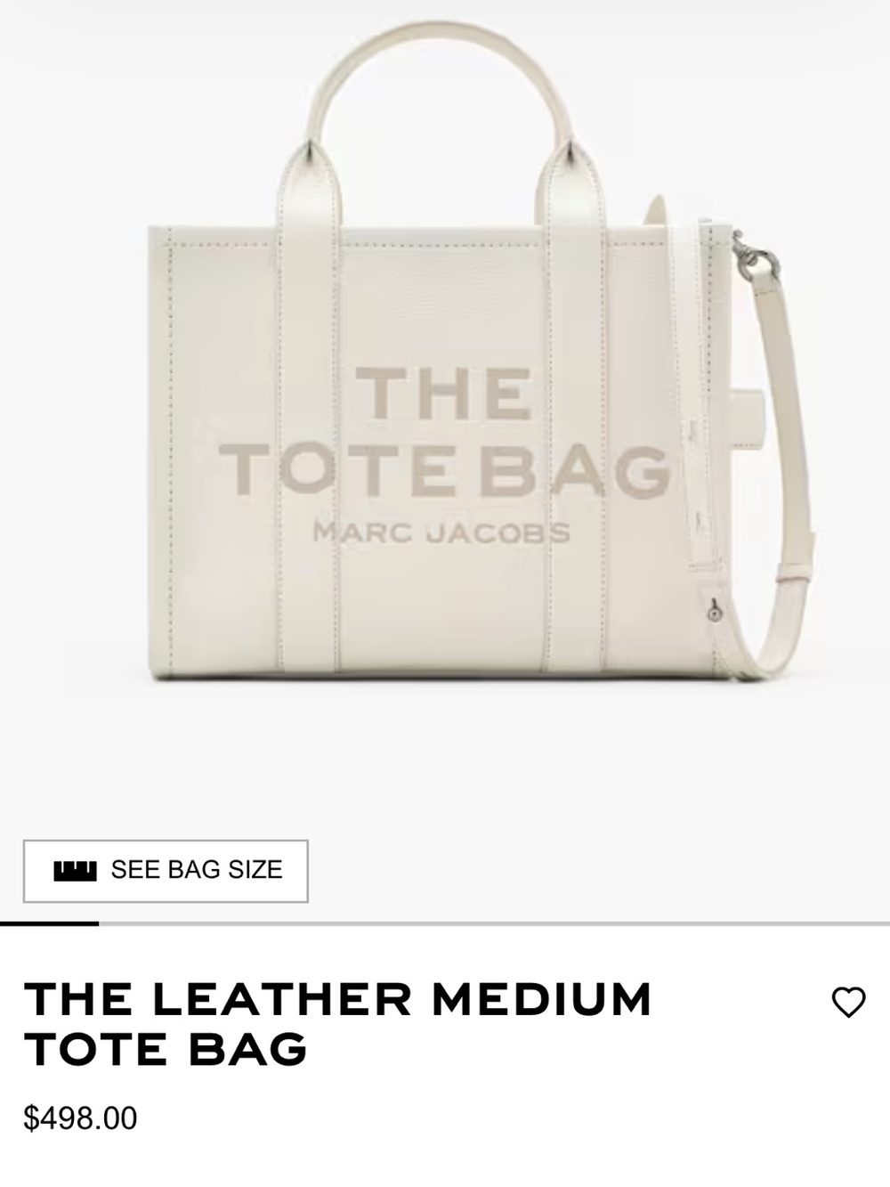 Marc Jacobs Cream Leather The Tote Bag with Shoulder Strap size is medium